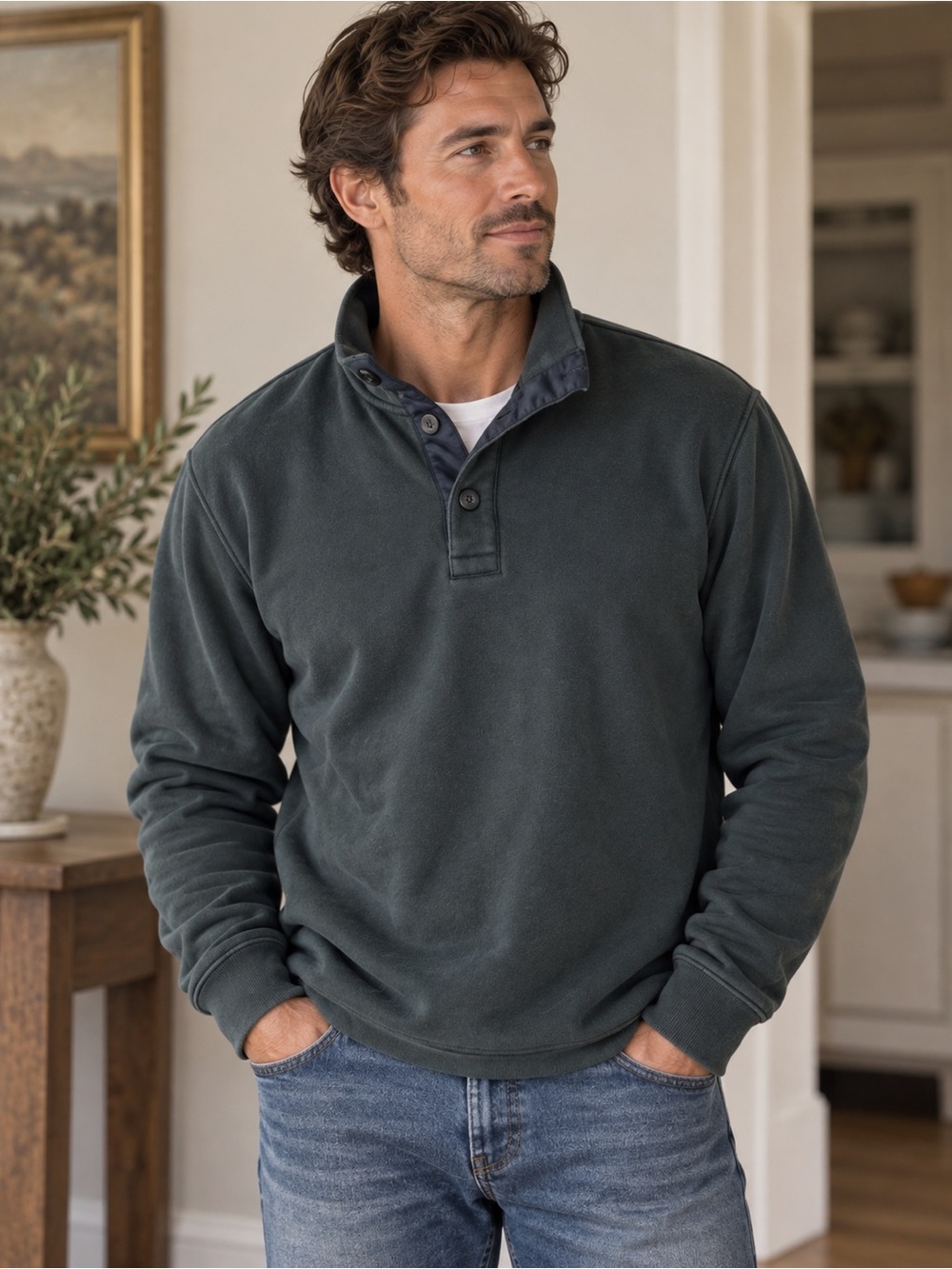Jack Spade Men's Dark Slate Quarter-Button Fleece Pullover